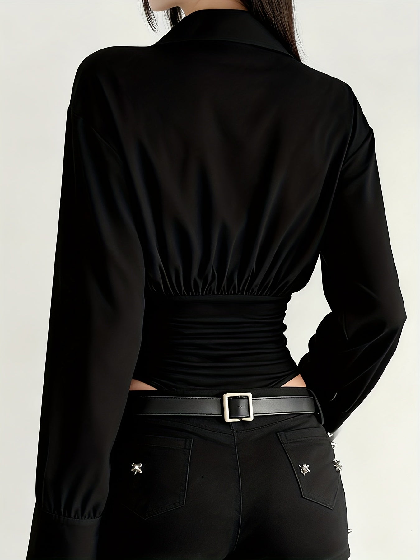 Damen Body Bluse Langarm Hemdblusen-Stil mit geraffter Taille
