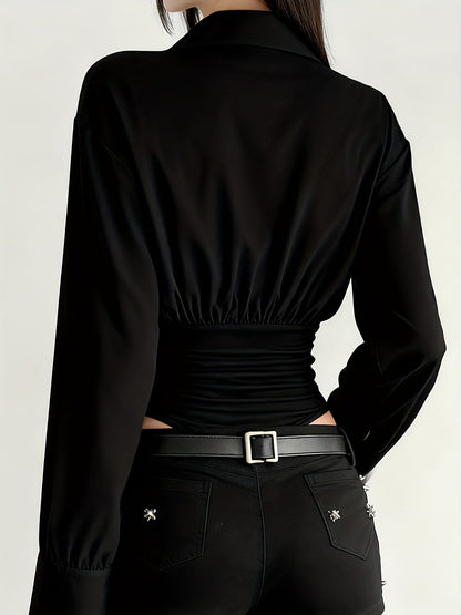 Damen Body Bluse Langarm Hemdblusen-Stil mit geraffter Taille
