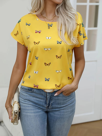 Damen Sommer T-Shirt mit Schmetterlingsmuster – Modisches Freizeitshirt für Alltag und Büro