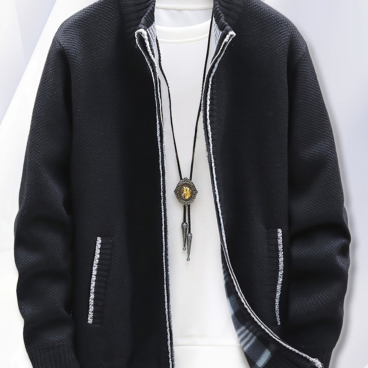Herren Strickjacke mit Reißverschluss Stehkragen und Taschen meliert