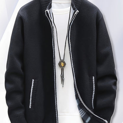 Herren Strickjacke mit Reißverschluss Stehkragen und Taschen meliert