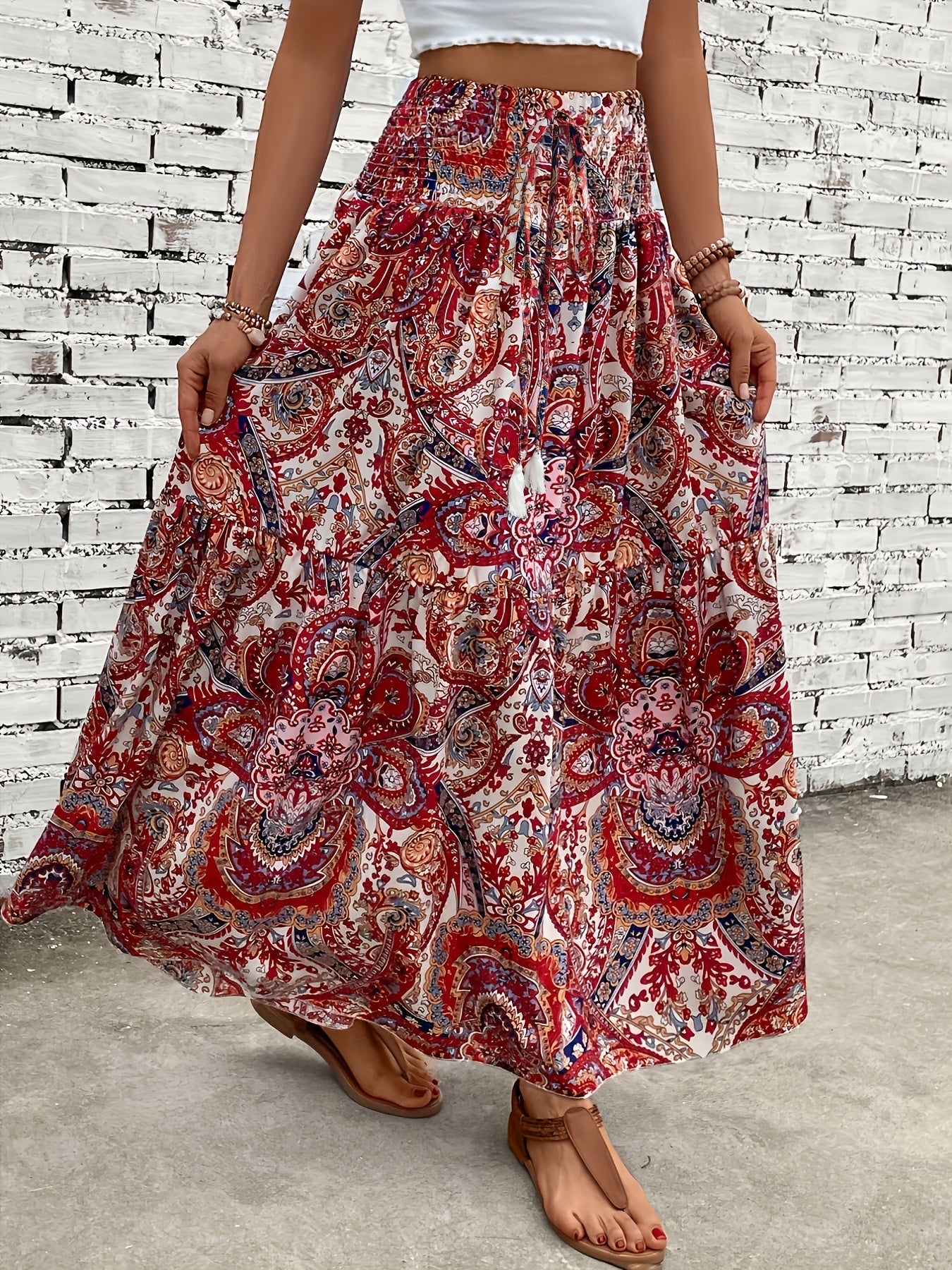 Damen Boho Maxirock mit Blumenmuster und elastischem Bund – Sommer Freizeitrock, Vintage Stil
