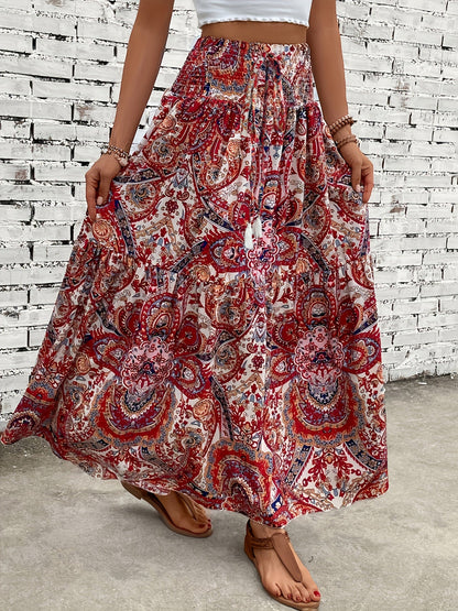 Damen Boho Maxirock mit Blumenmuster und elastischem Bund – Sommer Freizeitrock, Vintage Stil