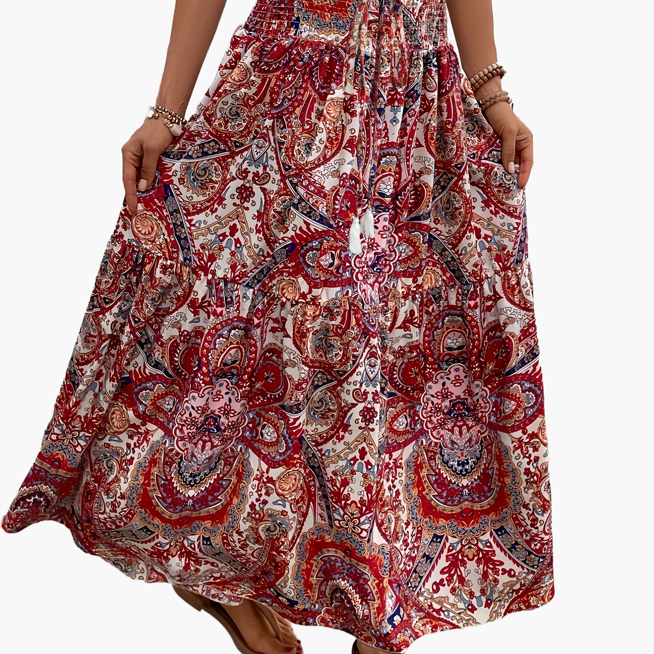 Damen Boho Maxirock mit Blumenmuster und elastischem Bund – Sommer Freizeitrock, Vintage Stil