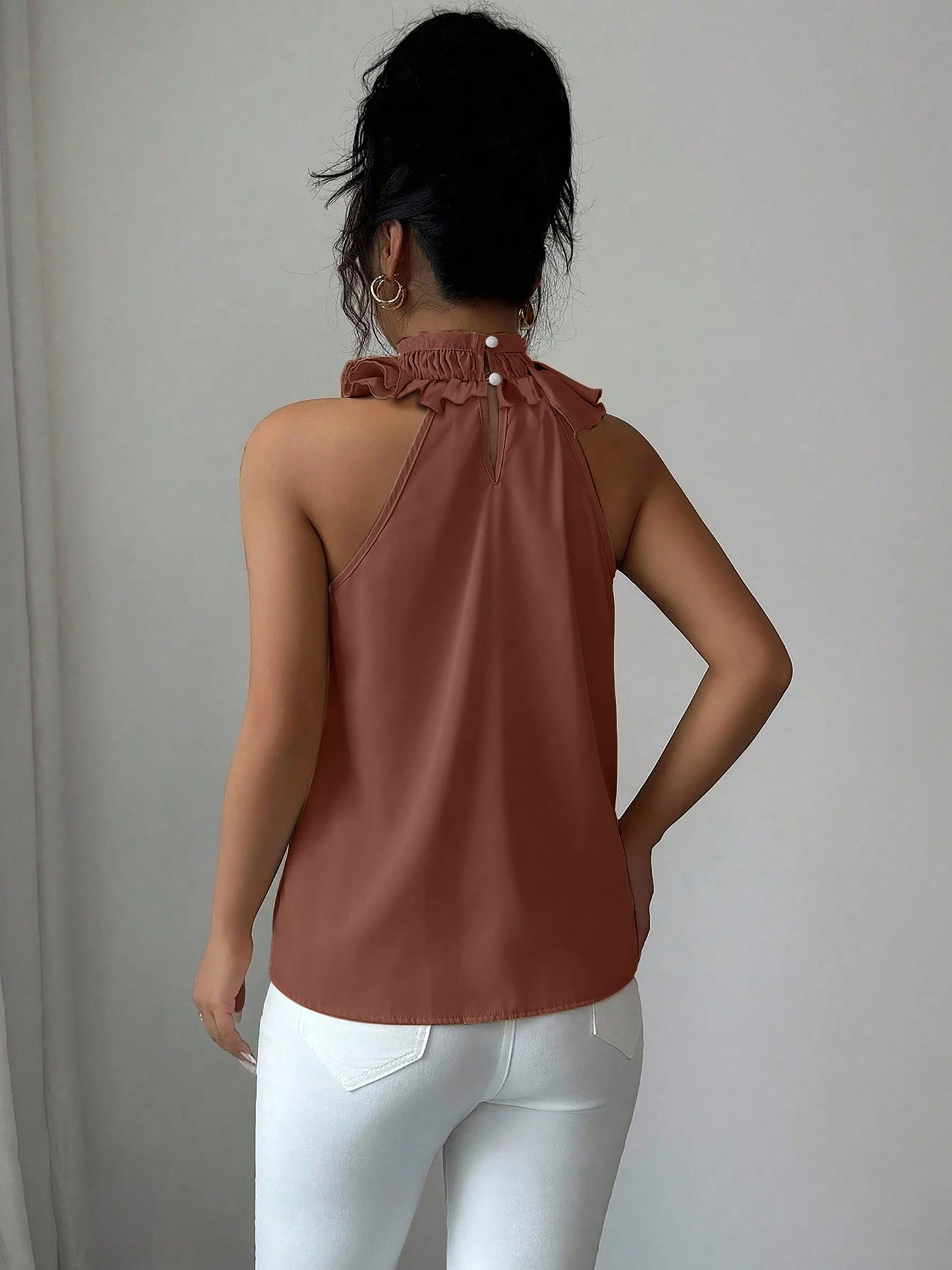 Damen Elegante Rüschenbluse mit Stehkragen – Ärmellos, Stilvoll, Für Büro und besondere Anlässe