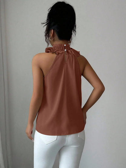 Damen Elegante Rüschenbluse mit Stehkragen – Ärmellos, Stilvoll, Für Büro und besondere Anlässe