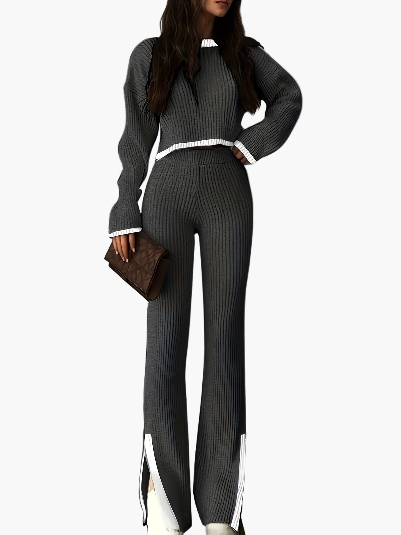 Damen Elegantes Strickset mit weitem Bein – Perfekt für Herbst und Winter, modischer Zweiteiler mit Pullover und Hose