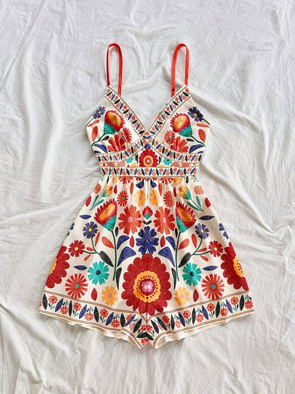 Damen Jumpsuit mit Blumendruck und Spaghettiträgern – Boho Style für Freizeit und Urlaub