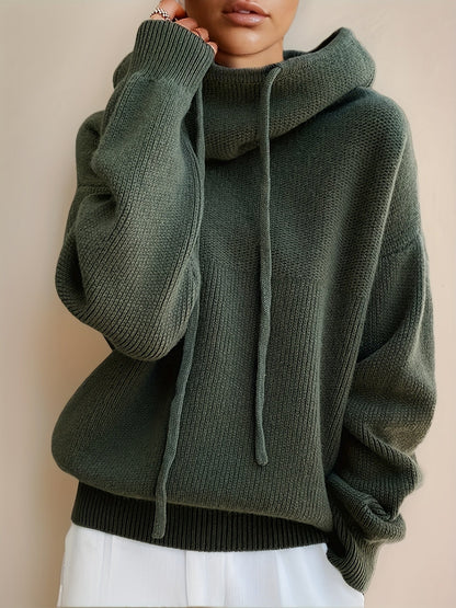 Damen Strick Hoodie Pullover Oversize mit Kapuze und Kordelzug