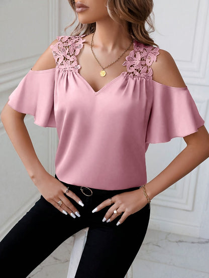 Damen Cold-Shoulder Bluse mit Spitzendetail und elegantem Schnitt – Stylische Mode für Büro & Freizeit
