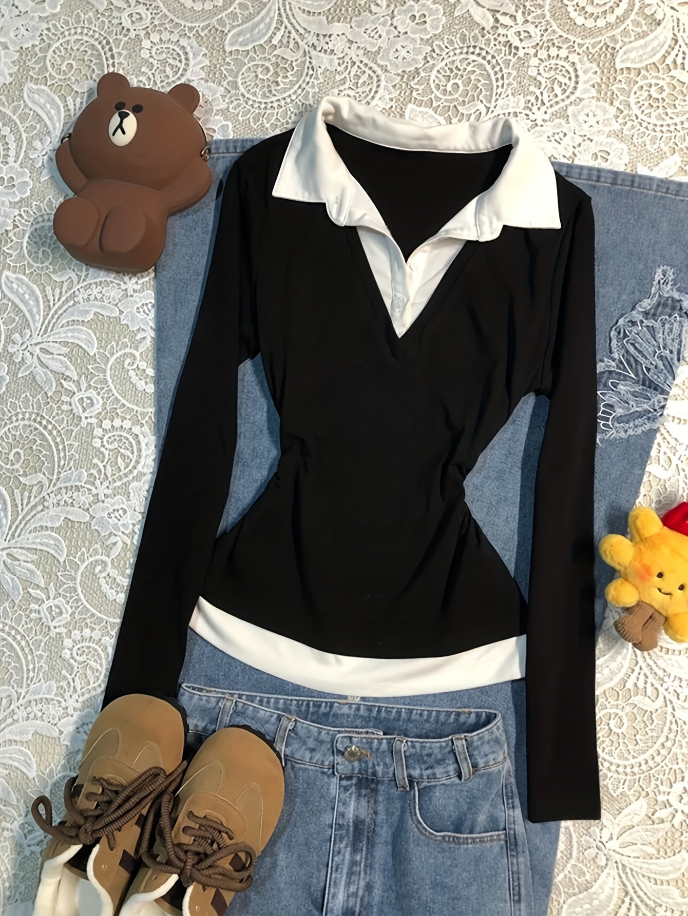 Damen Langarmshirt Schwarz Weiß mit Kragen