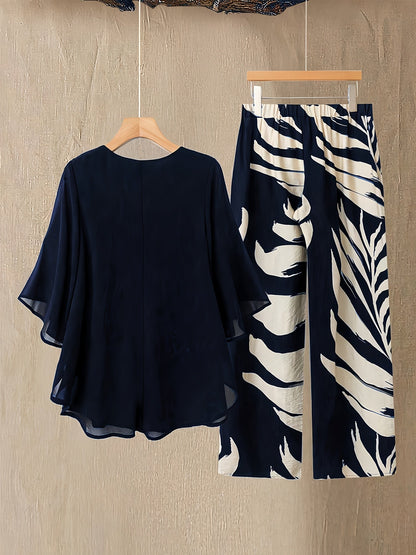 Damen Zweiteiler Set Elegant – Weite Bluse mit Rundhalsausschnitt und Tropenprint Hose, Perfekt für Urlaub und Sommer