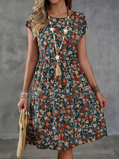Damen Sommerkleid im Blumenmuster – Freizeit & Urlaub, Knielang, Kurzarm