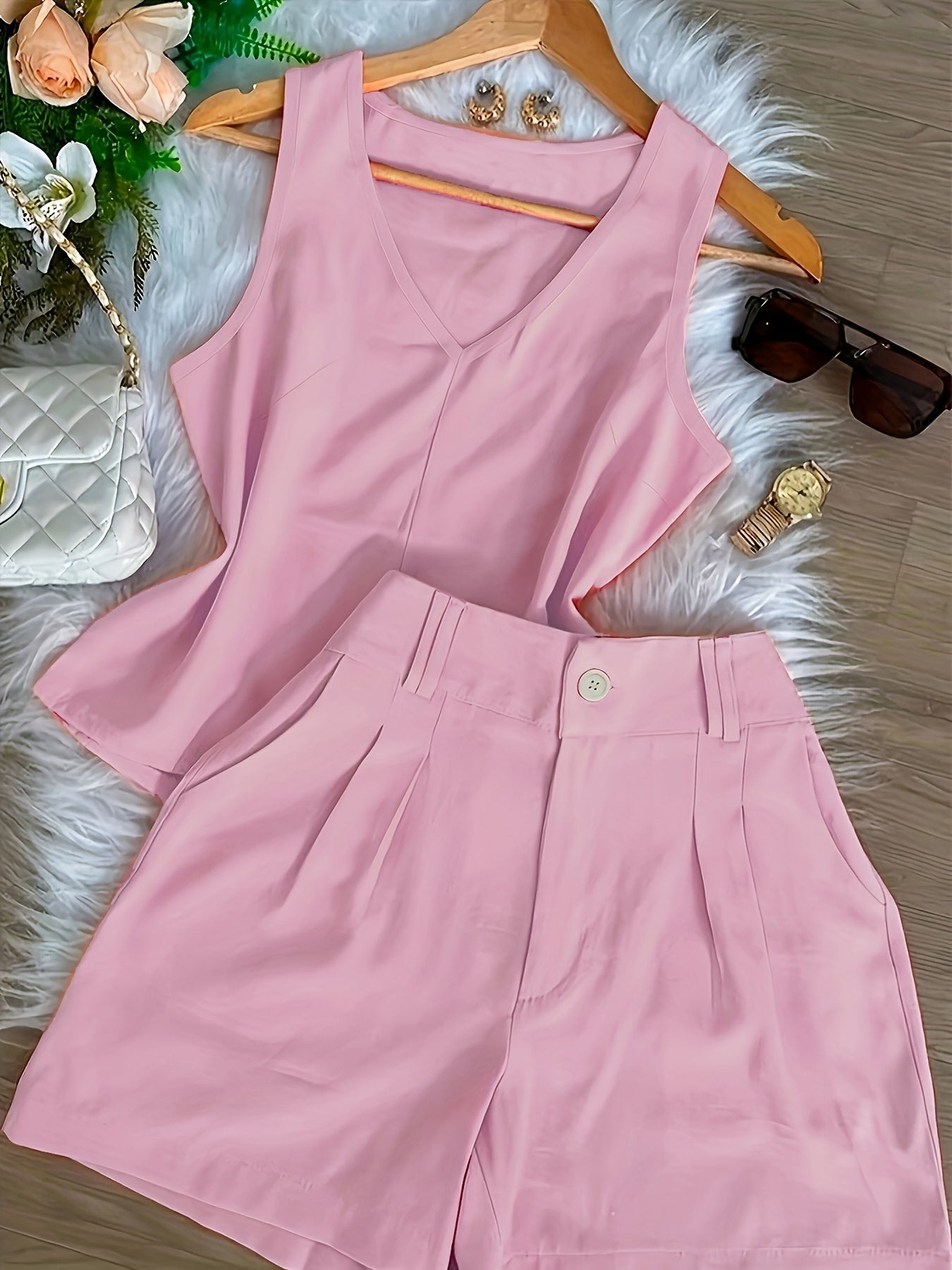 Damen Zweiteiliges Set mit V-Ausschnitt Top und High-Waist Shorts – Eleganter Freizeit-Look