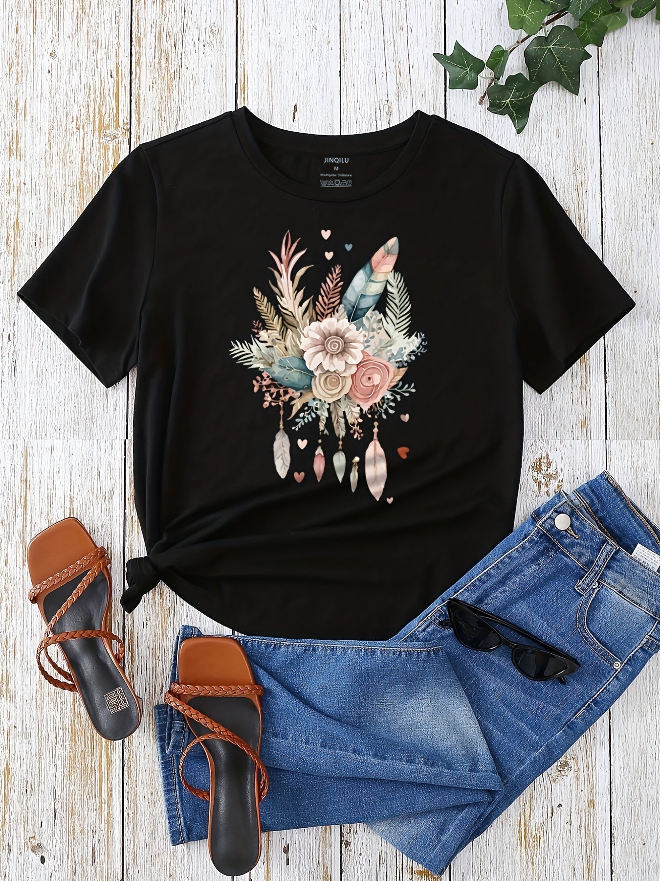 Damen T-Shirt mit floraler Boho-Feder Grafik – Modisches Freizeitshirt für Frühling und Sommer