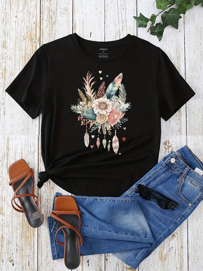 Damen T-Shirt mit floraler Boho-Feder Grafik – Modisches Freizeitshirt für Frühling und Sommer