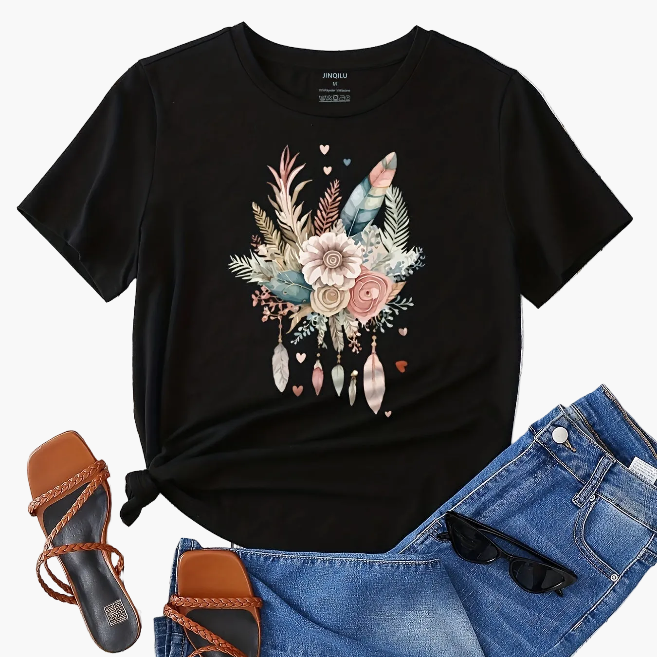 Damen T-Shirt mit floraler Boho-Feder Grafik – Modisches Freizeitshirt für Frühling und Sommer