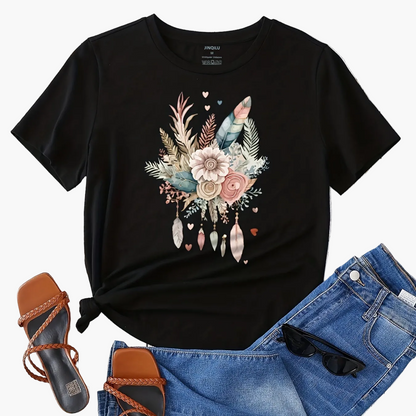 Damen T-Shirt mit floraler Boho-Feder Grafik – Modisches Freizeitshirt für Frühling und Sommer