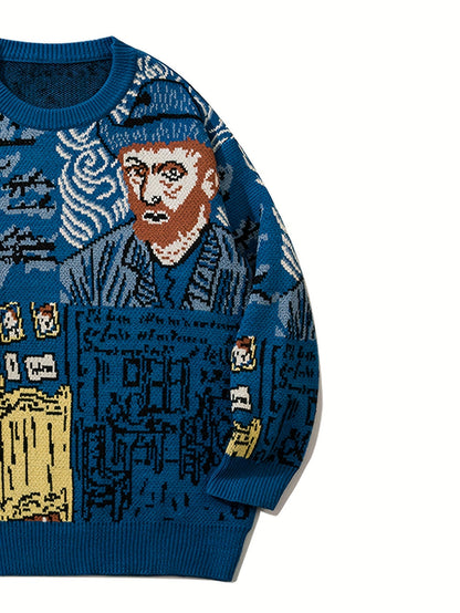 Blauer Strickpullover mit künstlerischem Muster und Rundhalsausschnitt