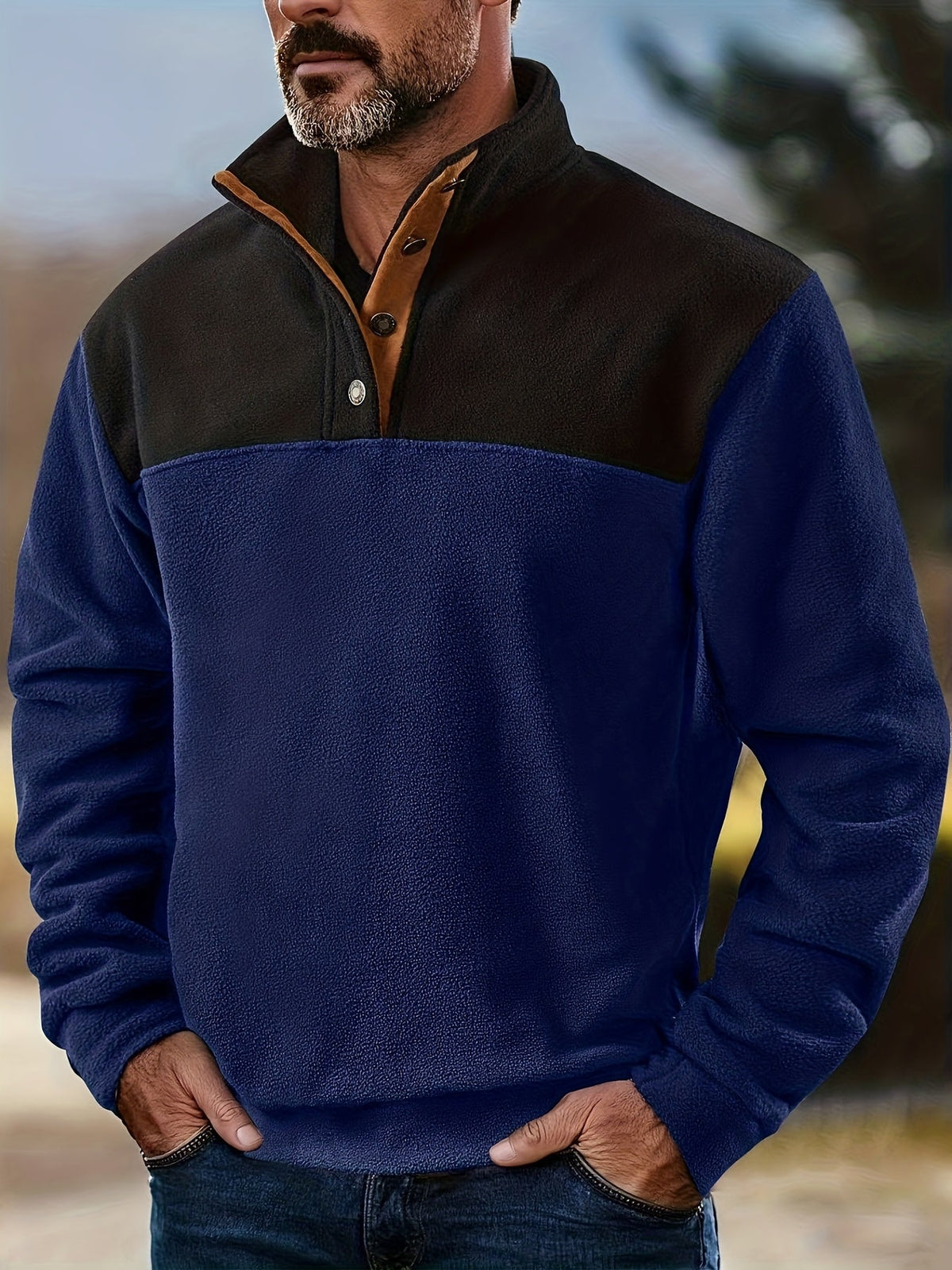 Herren Fleece Pullover Stehkragen Knöpfe Zweifarbig Outdoor