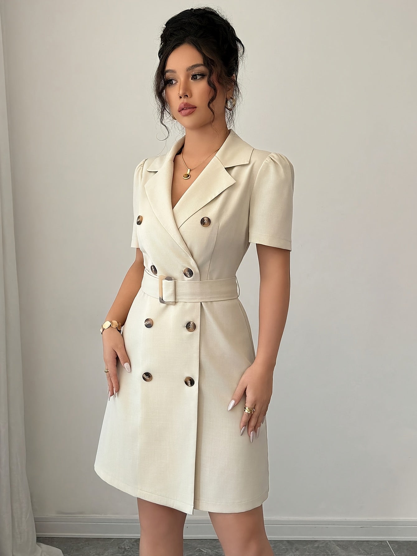 Damen Elegantes Blazer-Kleid mit Gürtel und Kurzarm – Business & Anlass