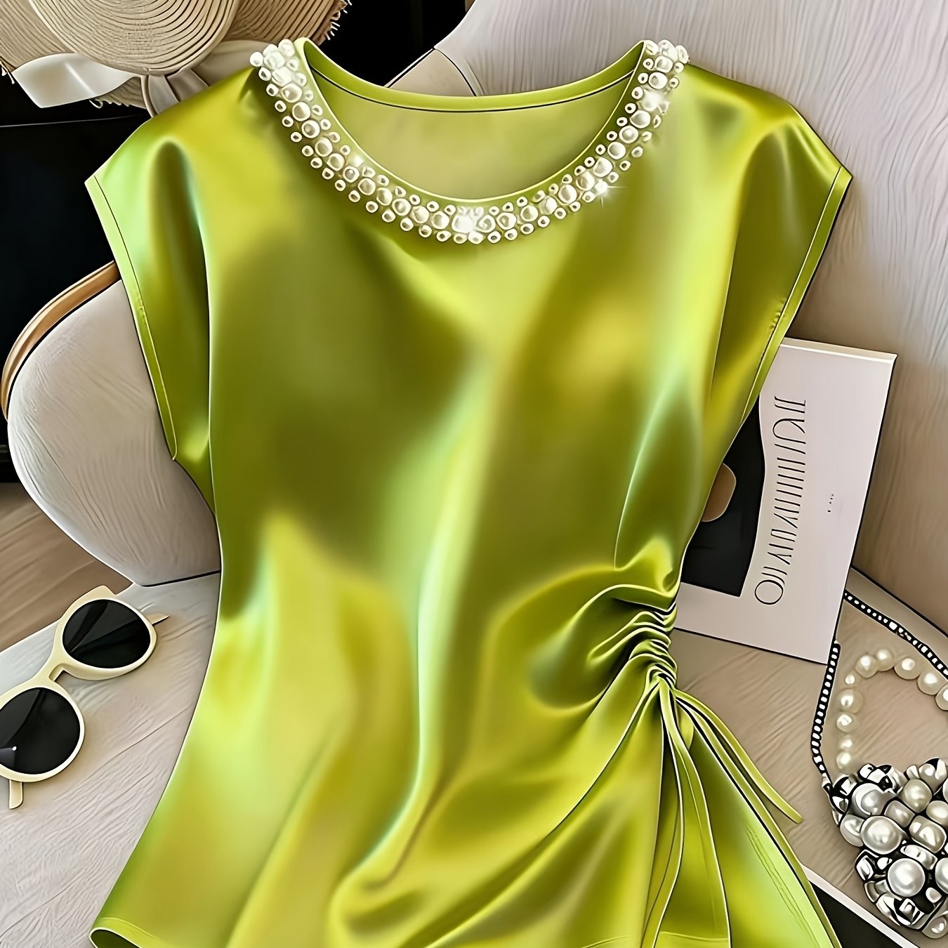 Damen Elegante Bluse mit Perlenkragen und Raffungsdetail – Stilvolles Kurzarm-Oberteil für festliche Anlässe oder Büro