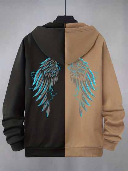Hoodie mit Reißverschluss, zweifarbig, Kapuze, Kängurutaschen, Motiv