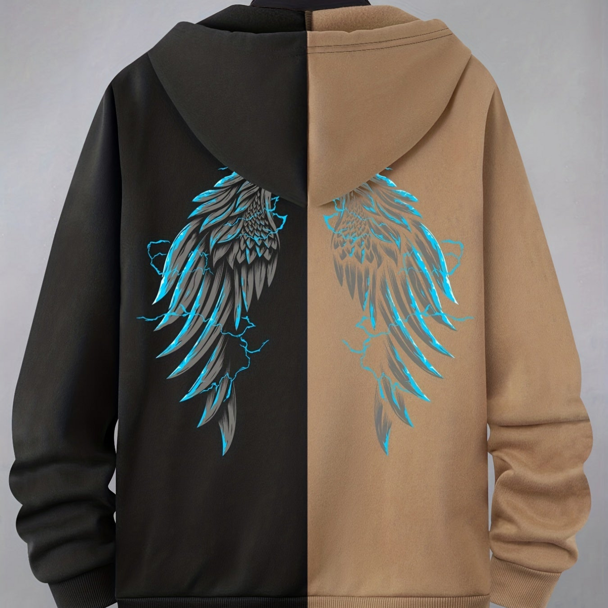 Hoodie mit Reißverschluss, zweifarbig, Kapuze, Kängurutaschen, Motiv