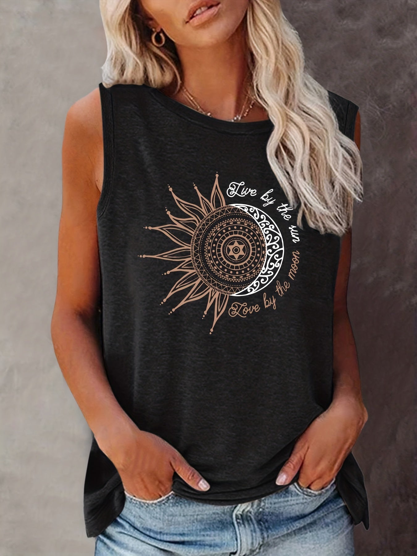 Damen Tanktop mit Mandala-Sonne-Mond-Print – Boho Style Shirt für Freizeit & Sommer