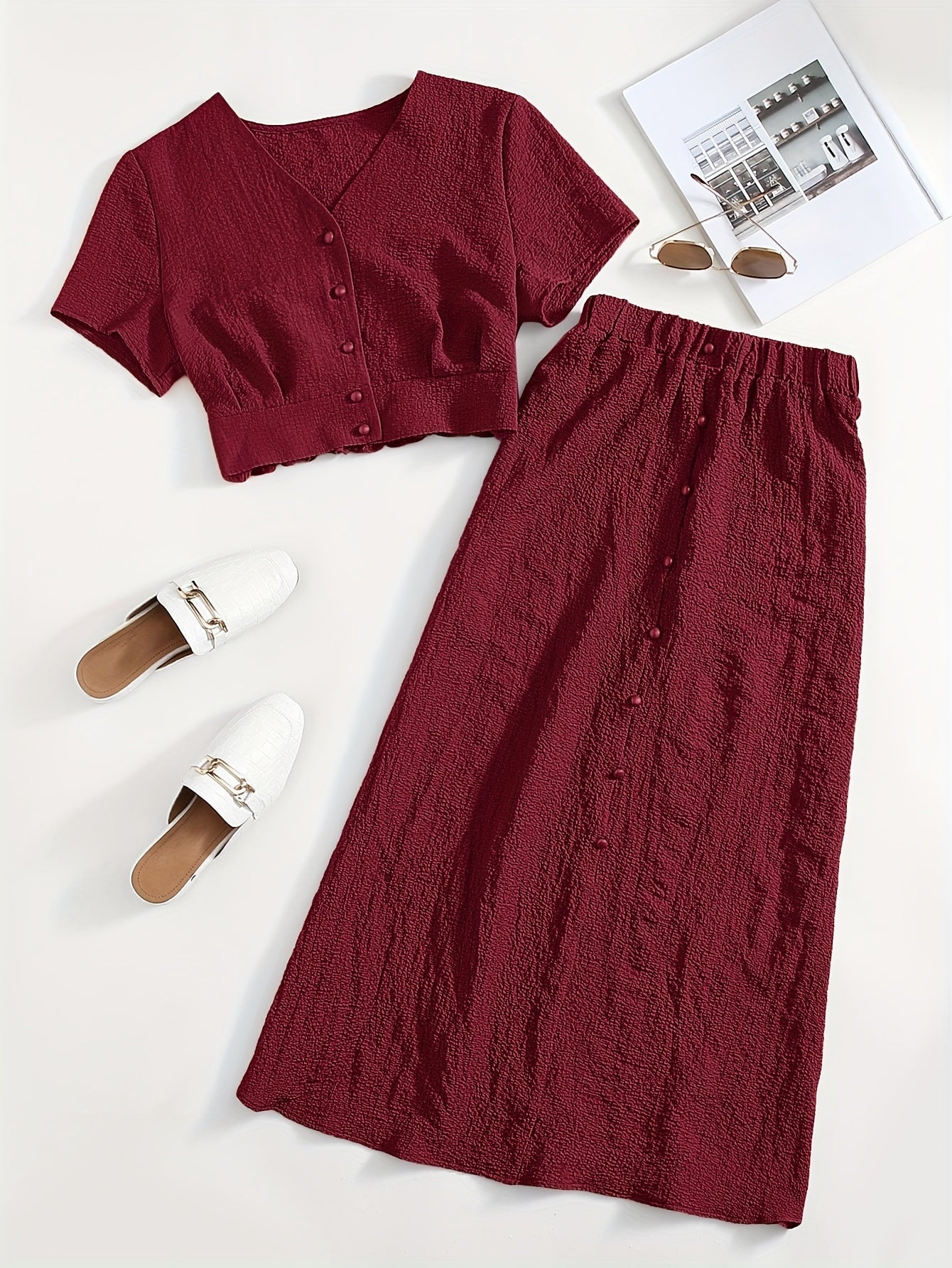 Damen Zweiteiliges Set mit Kurzarm Crop Top und Knopfleiste, Eleganter A-Linien Midi Rock, Modischer Freizeit-Look