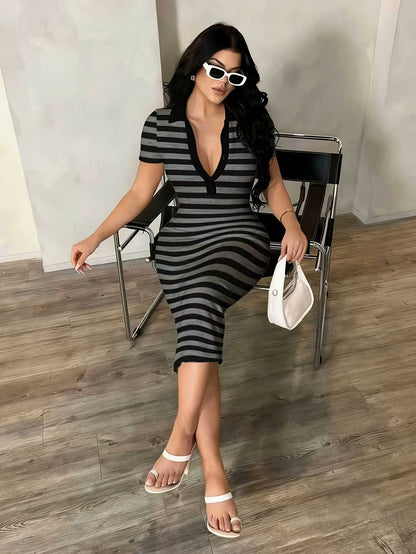 Damen Bodycon Polo-Stil Midi-Kleid mit Streifen – Elegantes Freizeitkleid für Stadt und Anlass