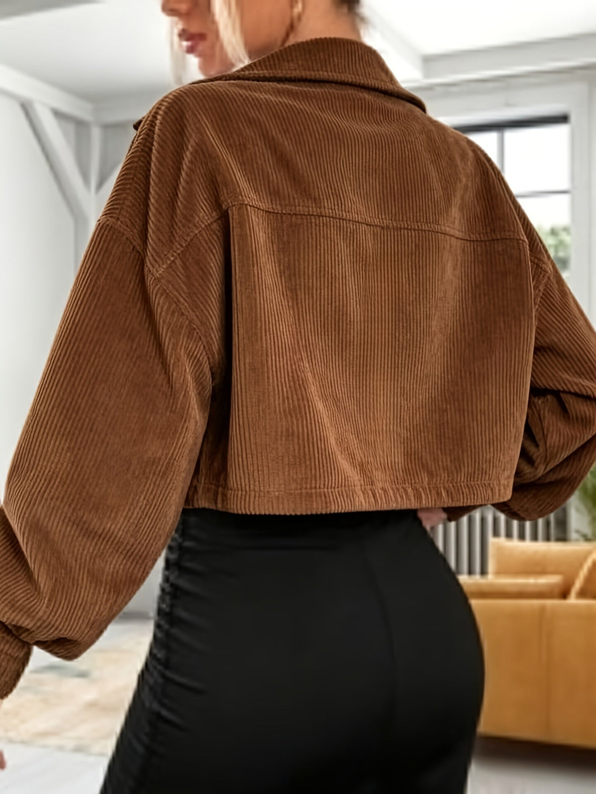 Damen Kurzjacke Rippstruktur Geknöpft Brusttaschen