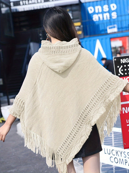 Damen Strick-Poncho mit Kapuze und Fransen