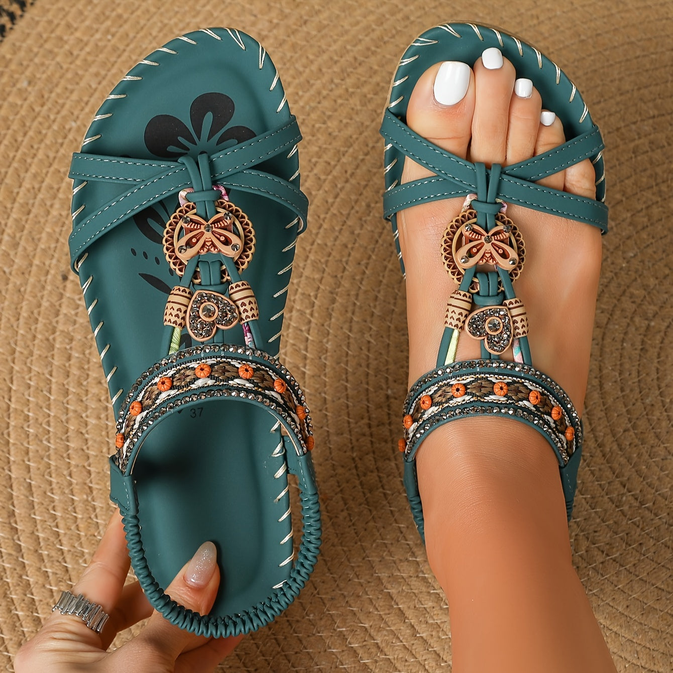 Damen Boho Sandalen mit Schmuckelementen – Bequeme Freizeitschuhe für Sommer & Urlaub