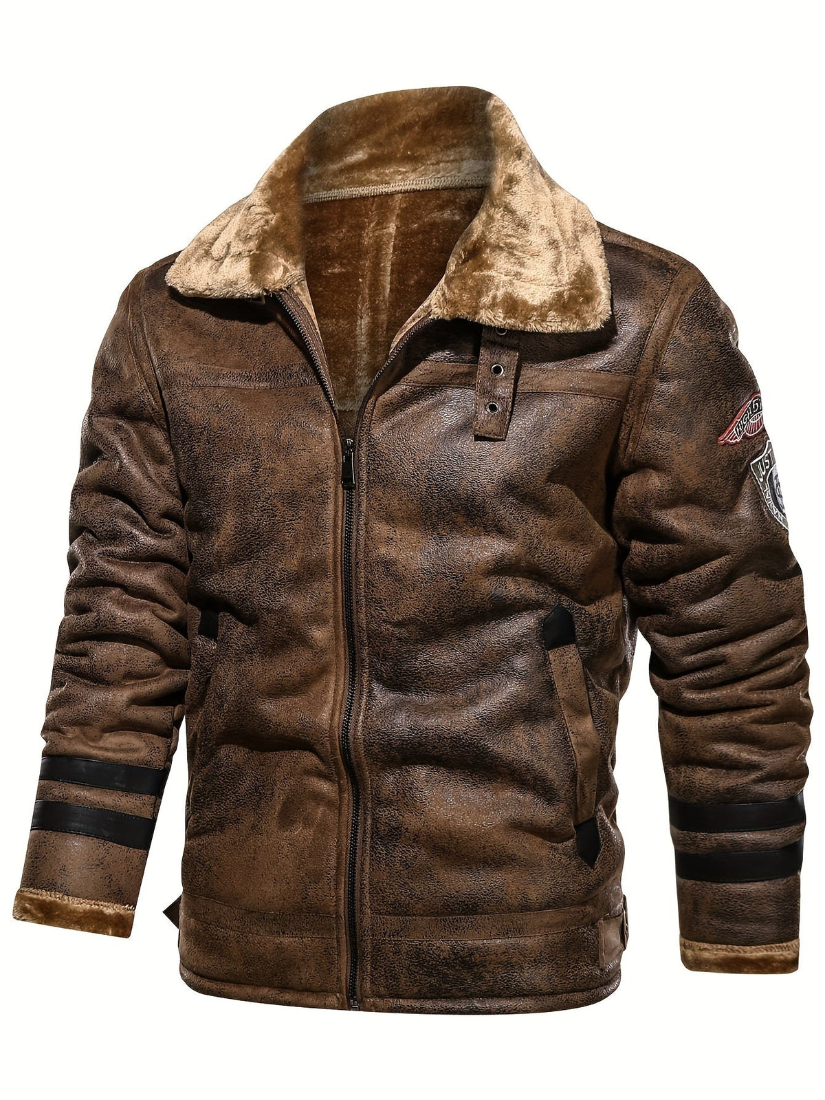 Herren Jacke mit Kunstfellkragen und Reißverschluss – Pilotenstil, Braun/Schwarz
