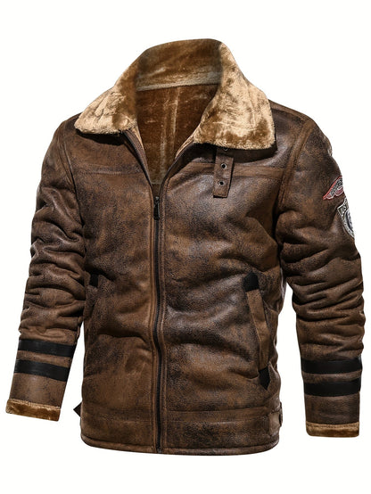 Herren Jacke mit Kunstfellkragen und Reißverschluss – Pilotenstil, Braun/Schwarz