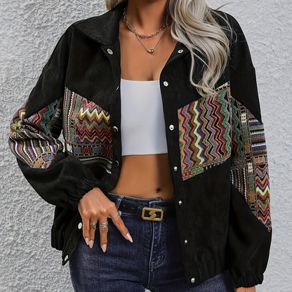 Damen Cordjacke Schwarz mit bunten Mustereinsätzen Jacke
