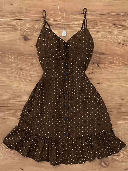 Damen Polka Dot Trägerkleid mit Knopfleiste und Rüschen – Vintage Style Freizeitkleid