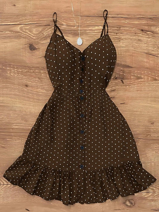 Damen Polka Dot Trägerkleid mit Knopfleiste und Rüschen – Vintage Style Freizeitkleid