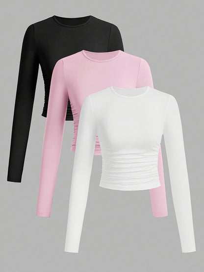 Damen Langarmshirt 3er Pack Rundhals Crop Top geraffte Seiten Schwarz Grau Weiß