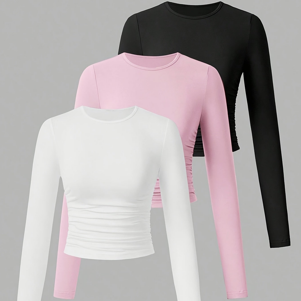 Damen Langarmshirt 3er Pack Rundhals Crop Top geraffte Seiten Schwarz Grau Weiß