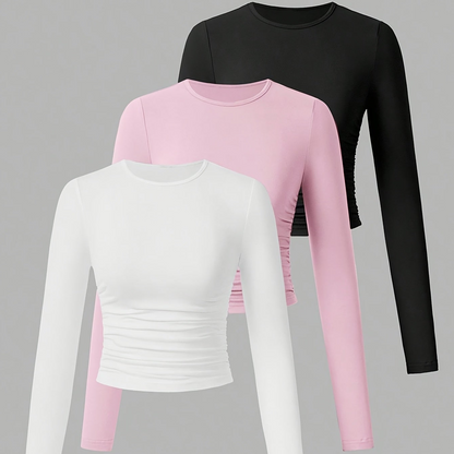 Damen Langarmshirt 3er Pack Rundhals Crop Top geraffte Seiten Schwarz Grau Weiß