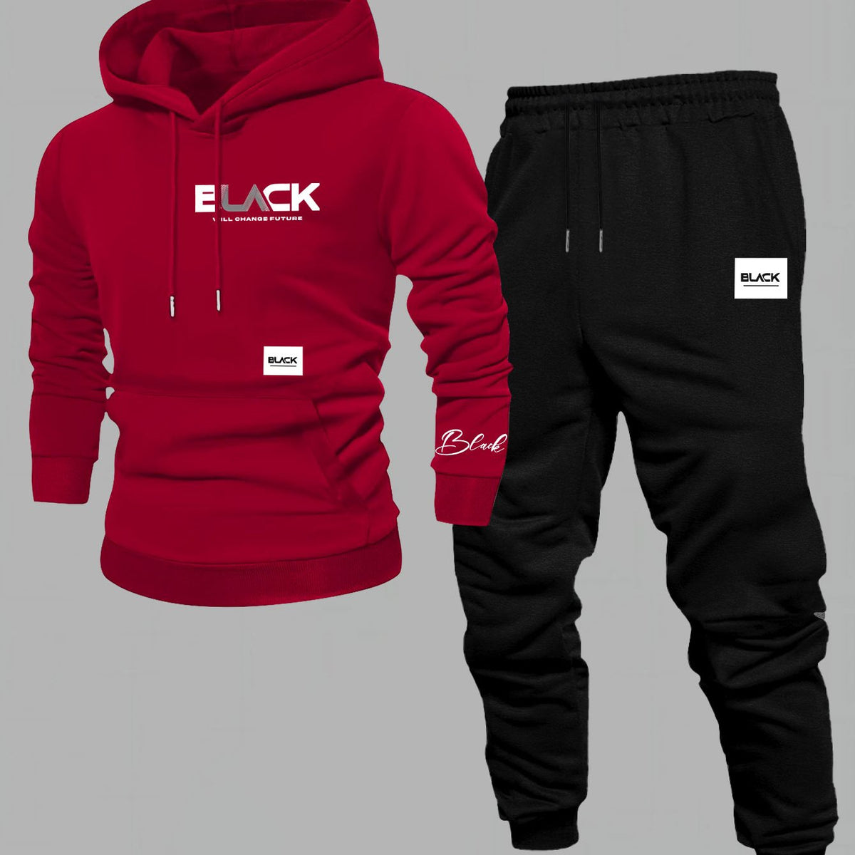 Unisex Trainingsanzug Hoodie & Jogginghose Set Schwarz mit Aufdruck