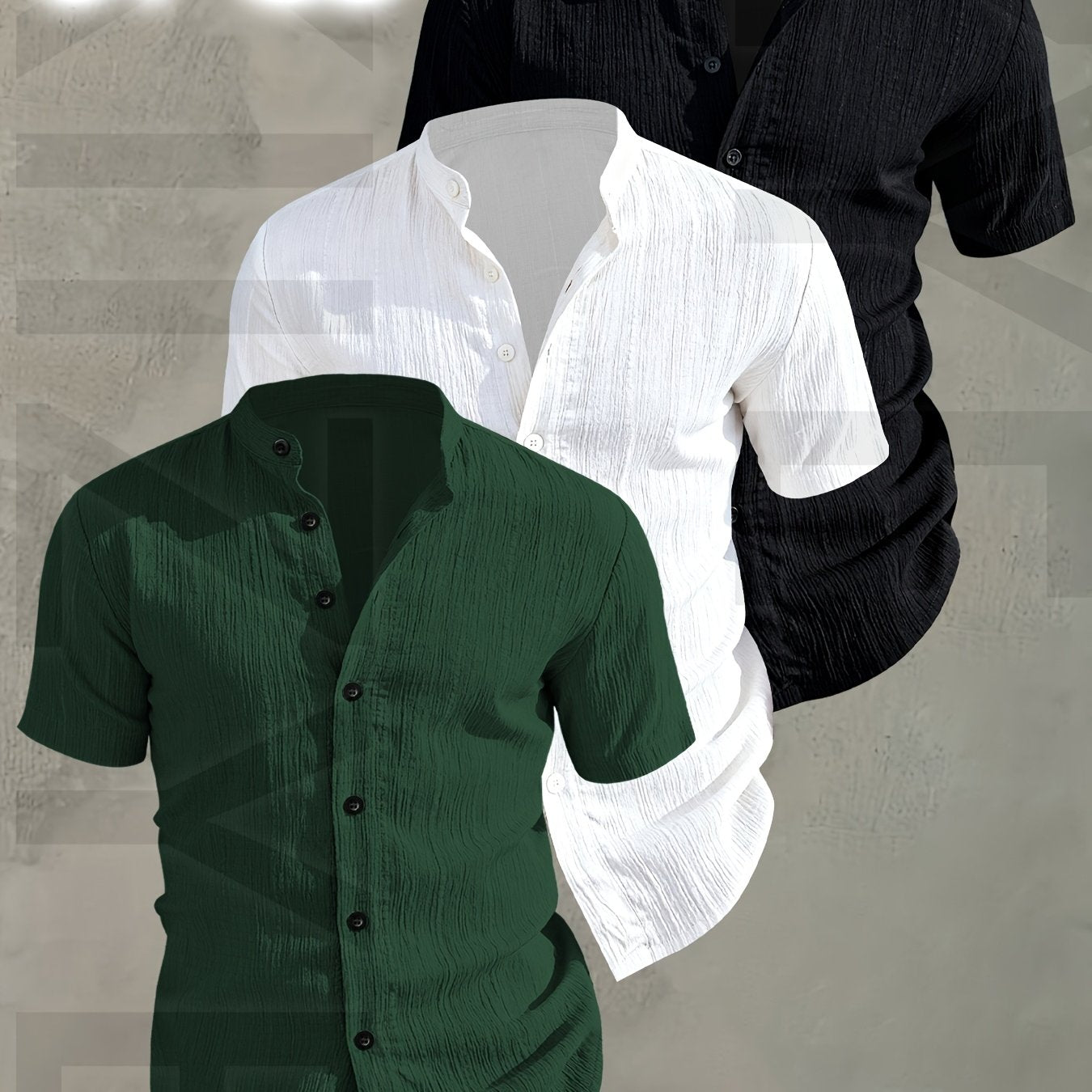 Herren 3er-Pack Stehkragen Hemden – Modischer Freizeit Look, Kurzarm, Knopfleiste