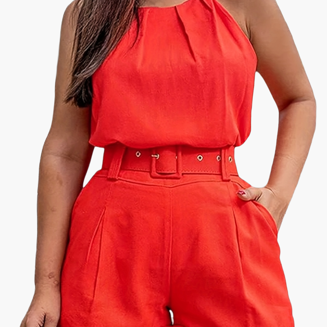 Damen Eleganter Zweiteiler Set – Ärmelloses Top und Shorts mit Gürtel, Perfekt für Sommer und Freizeit