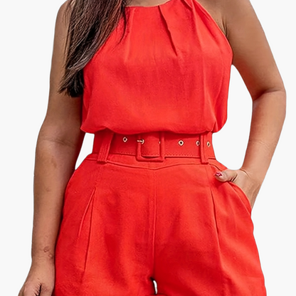 Damen Eleganter Zweiteiler Set – Ärmelloses Top und Shorts mit Gürtel, Perfekt für Sommer und Freizeit