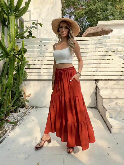 Damen Boho Maxirock mit Stufen und Kordelzug – Sommer, Freizeit, Elegant