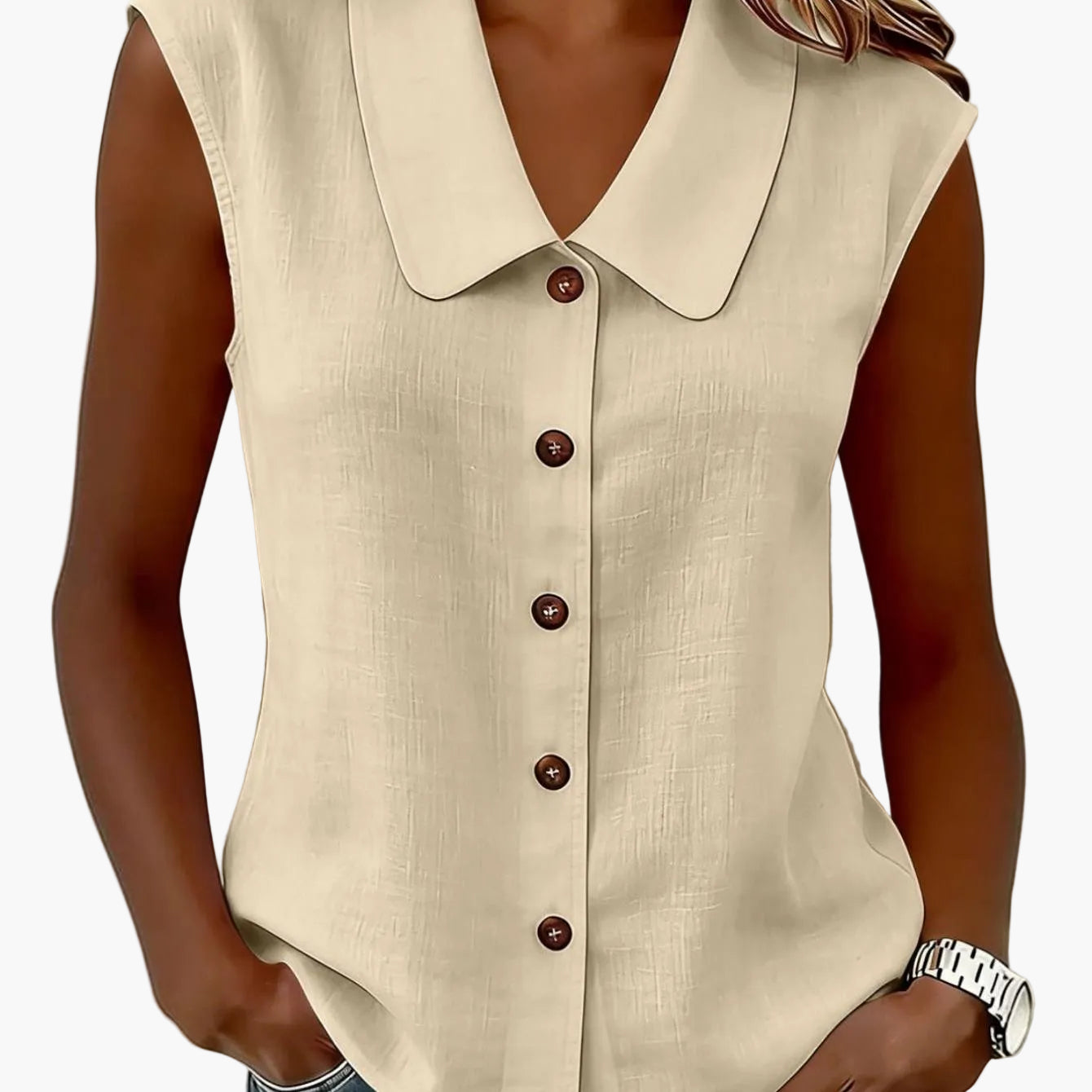 Damen Blusentop ohne Ärmel mit Knopfleiste und großem Kragen – Eleganter Freizeitstil für Alltag und Büro