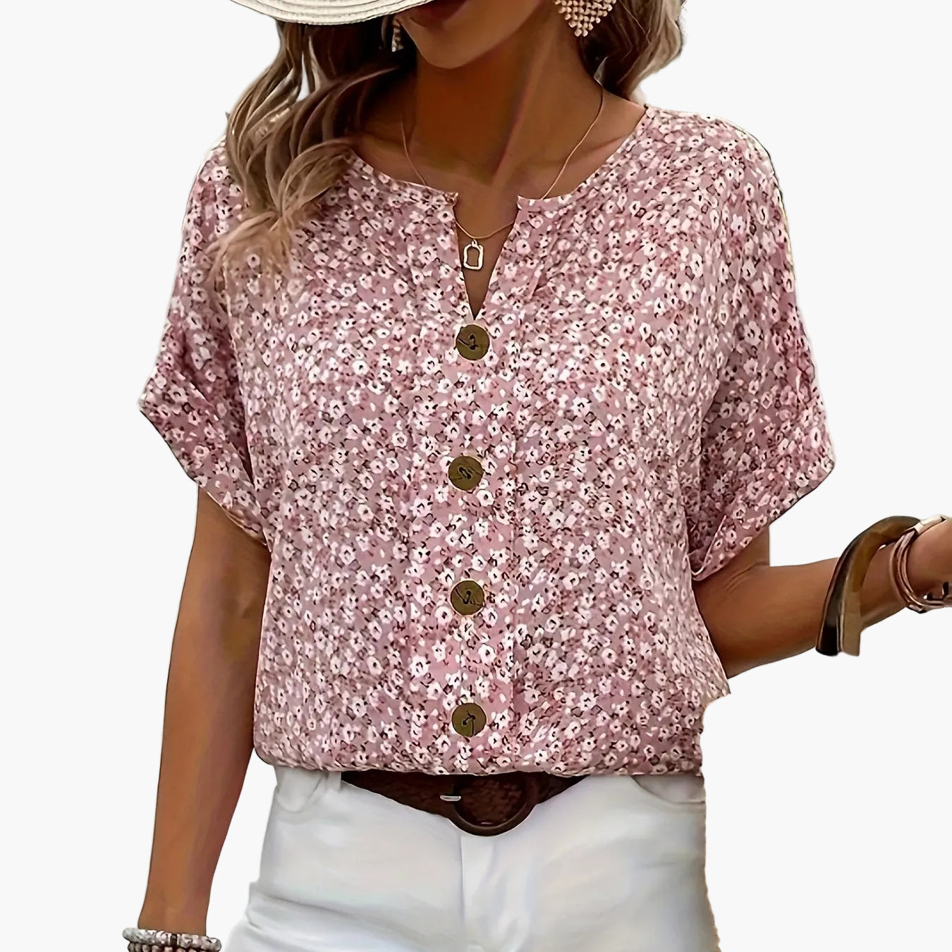 Damen Bluse mit Knopfleiste – Sommerlicher Blumenprint, Kurzarm, Eleganter Freizeit-Look