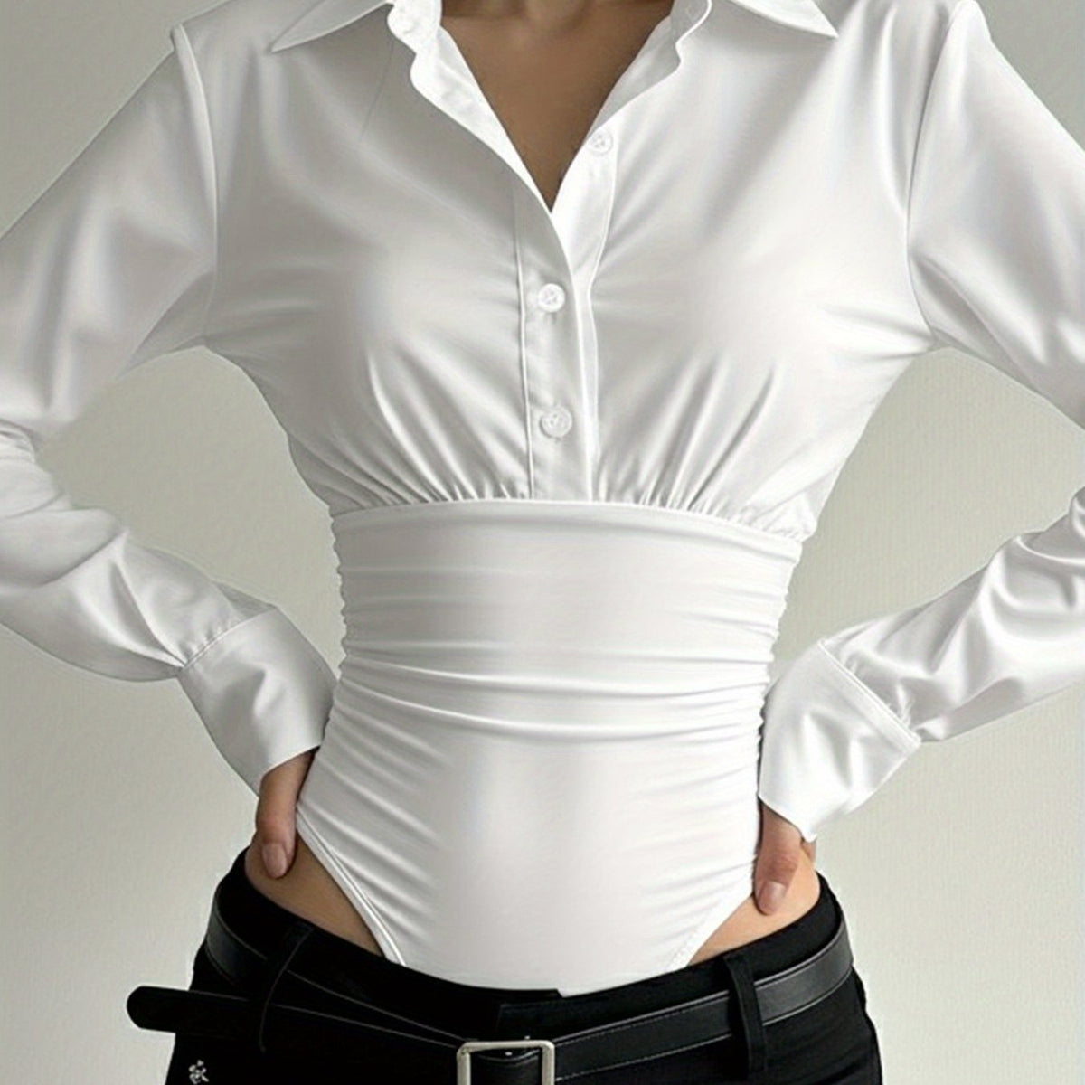 Damen Body Bluse Langarm Hemdblusen-Stil mit geraffter Taille
